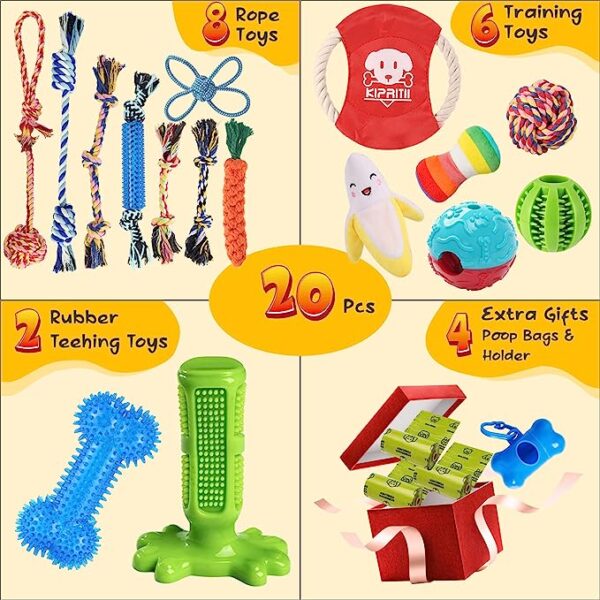 KIPRITII Dog Chew Toys for Puppy - 20 Pack Puppies Teething Chew Toys for Boredom, Pet Dog Toothbrush Chew Toys with Rope Toys, Treat Balls and Dog Squeaky Toy for Puppy and Small Dogs - Image 3