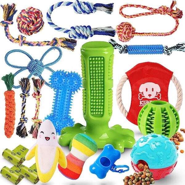 KIPRITII Dog Chew Toys for Puppy - 20 Pack Puppies Teething Chew Toys for Boredom, Pet Dog Toothbrush Chew Toys with Rope Toys, Treat Balls and Dog Squeaky Toy for Puppy and Small Dogs