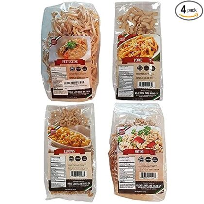 4 Pack Assortment Low Carb Pasta, Fettuccine, Rotini, Penne, and Elbows, Great Low Carb Bread Company