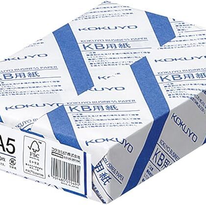 Kokuyo A5 KB Paper, Paper Thickness 0.09 mm, 64gsm, 80 Bright (ISO), 500 Sheets, FSC Certified, Japan Import (KB-30N)